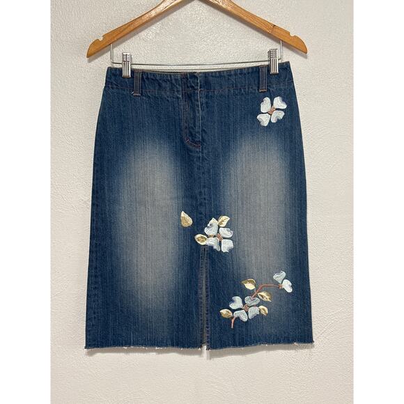 VTG 90s Y2K Kenneth Cole Hip Hugger Low Rise Embroidered Denim Skirt 4 Floral - Picture 1 of 11